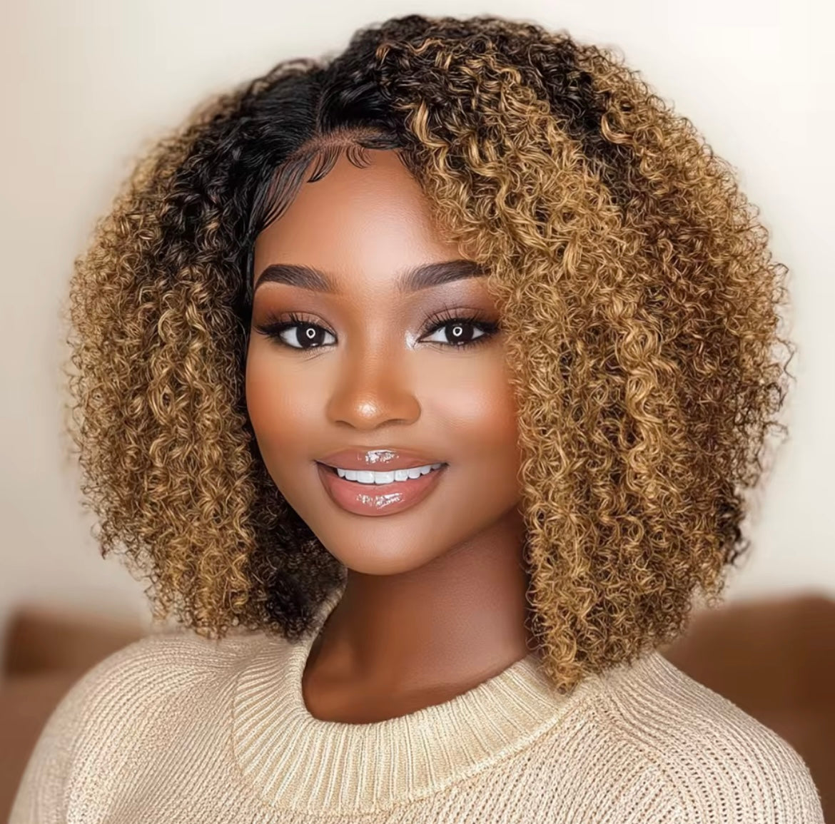 Ombre Brown Curly Wigs Kinky Curl Human Hair Bob Lace frontal Human Hair Wig