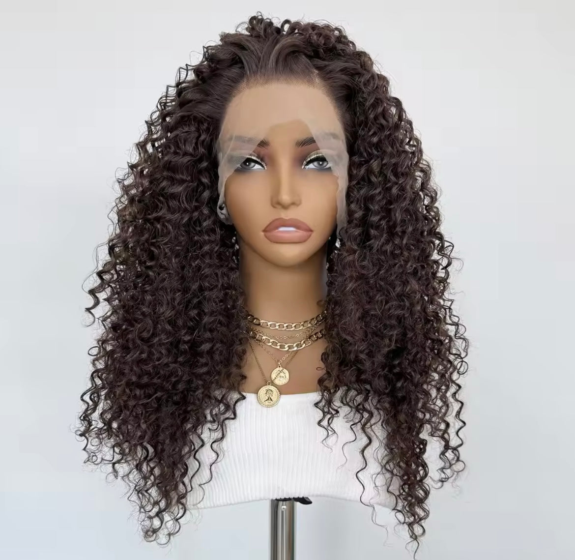Chocolate Brown Curly Wig Lace Front Long Deep Curly Synthetic Hair Heat Resistant Daily Use Natural Hairline