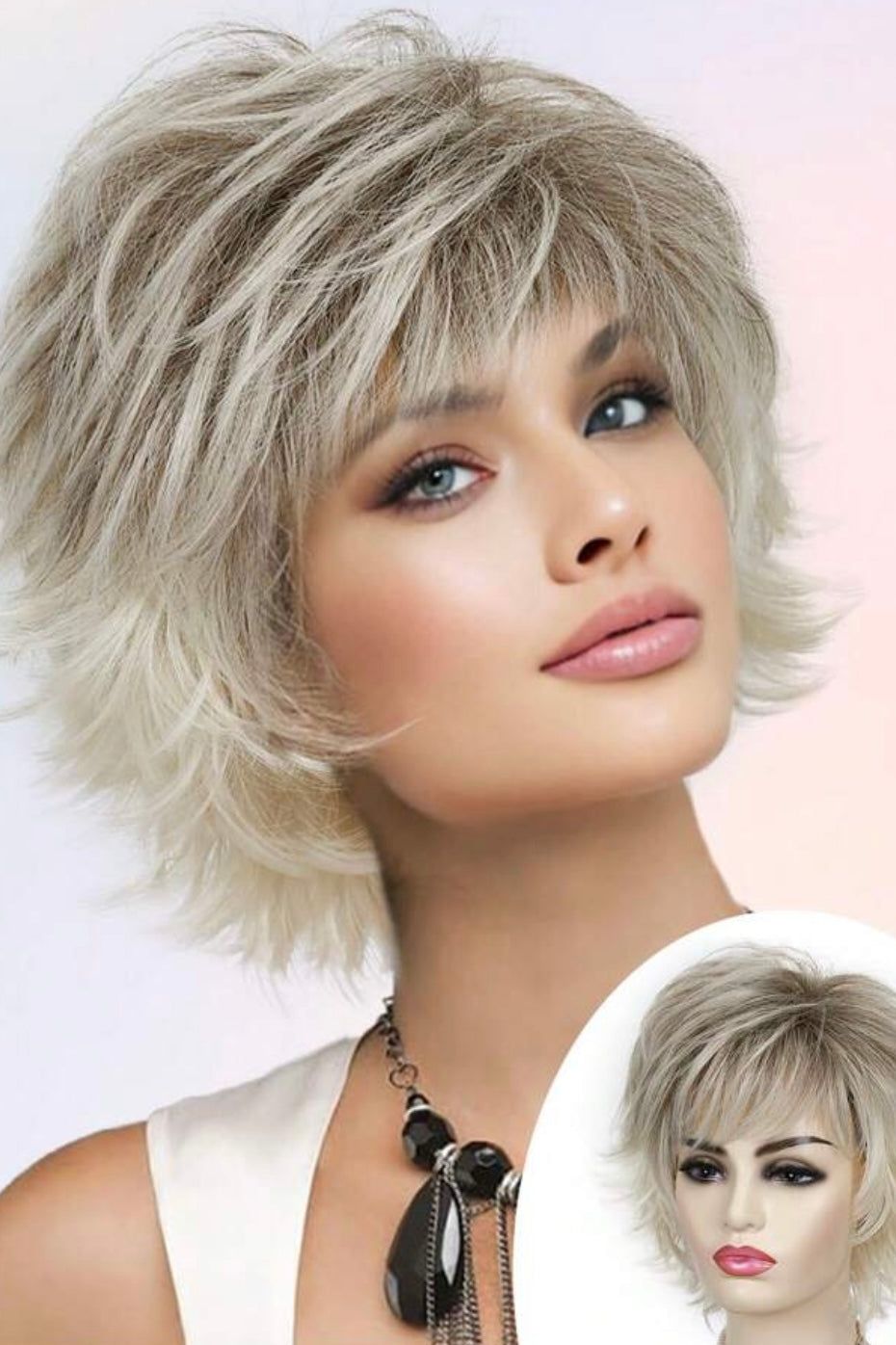 Short Curly Wavy Silver Grey Synthetic Wigs For Women Short With Bangs Heat Resistant Synthetic Wigs