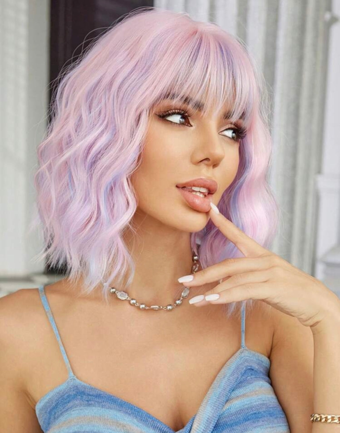 Purple-Pink Inch Bob Wigs For Women Curly Wavy Wigs With Bangs Short Synthetic Wigs For Party Costume Daily Wear Music Festival Colorful Wigs
