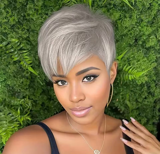 Grey Short Pixie Cut Wig Human Hair Short Layered Pixie Wig For Women 6 Inch Straight Grey Full Machine Made Human hair Wig
