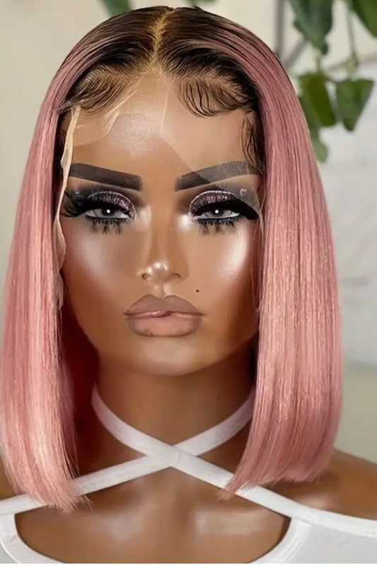 Pink Bob Wig Human Hair Lace Front Wig T Part Pink Ombre Straight