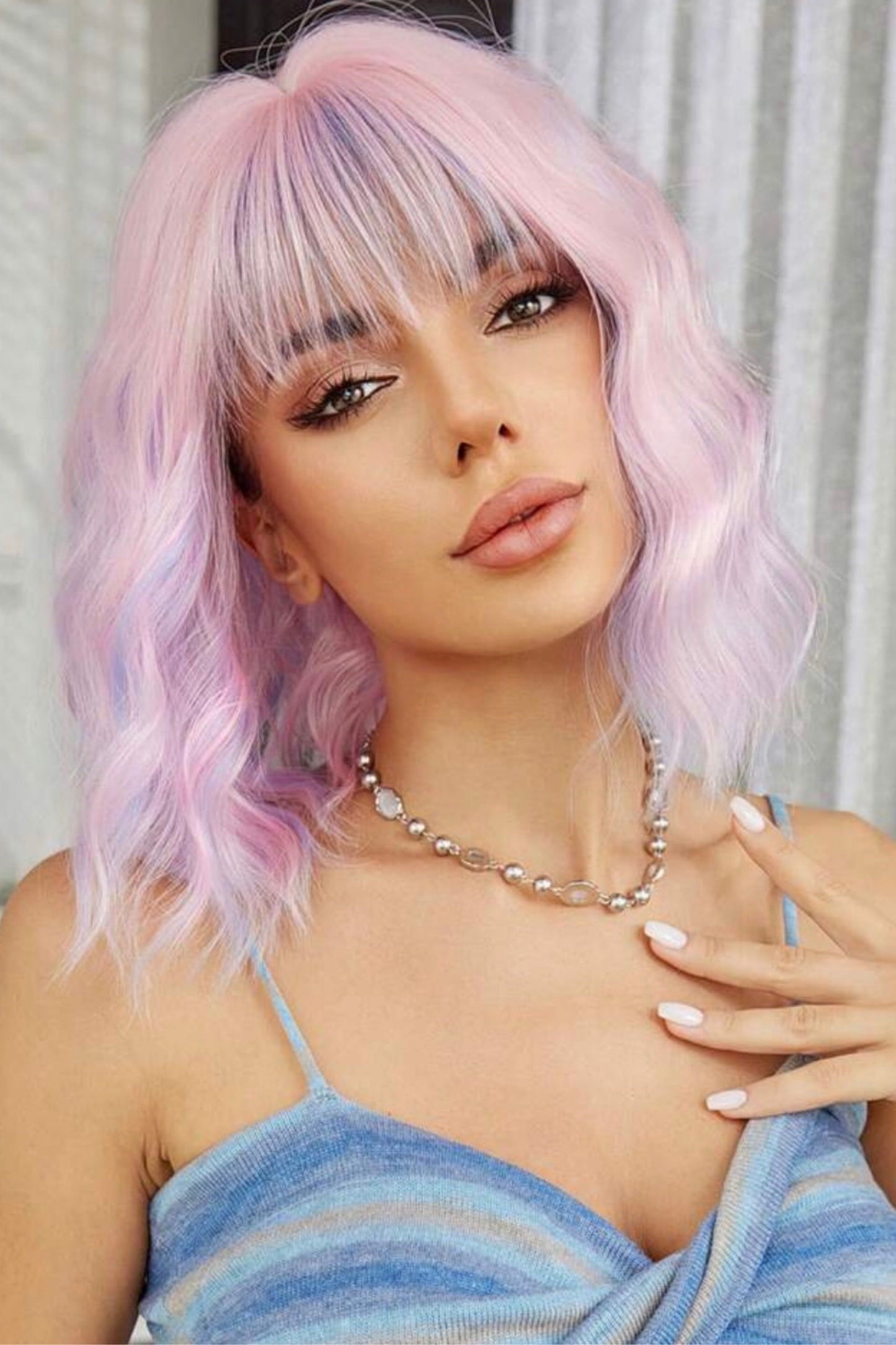 Purple-Pink Inch Bob Wigs For Women Curly Wavy Wigs With Bangs Short Synthetic Wigs For Party Costume Daily Wear Music Festival Colorful Wigs