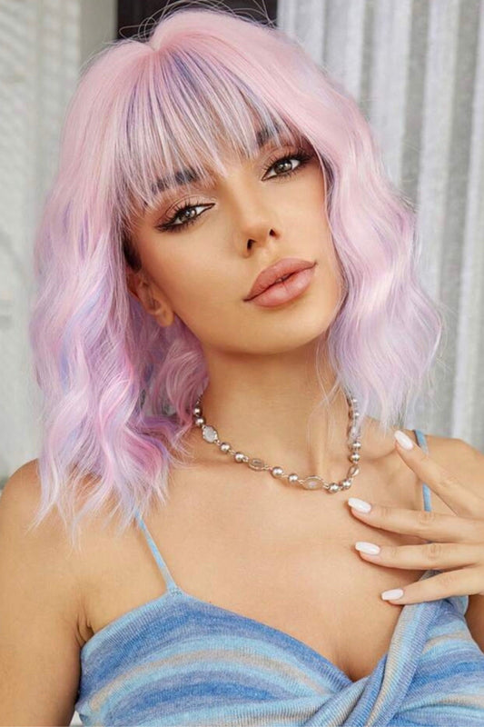 Purple-Pink Inch Bob Wigs For Women Curly Wavy Wigs With Bangs Short Synthetic Wigs For Party Costume Daily Wear Music Festival Colorful Wigs
