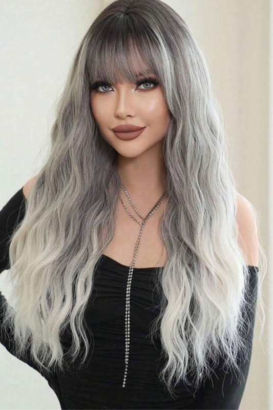 Ombre Grey Wigs Wavy Wig With Bangs Dark Roots Gray To White Natural Looking Long Curly Synthetic Wig For Women - Labelle Boutique Hair