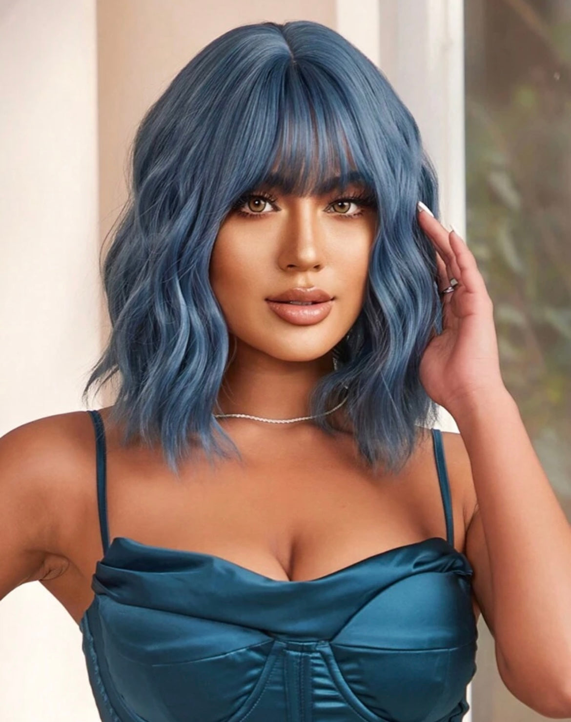 Curly Wavy Wigs With Bangs Blue Highlight Wavy Wigs For Women Synthetic Heat Resistant Party Cosplay Halloween Wigs
