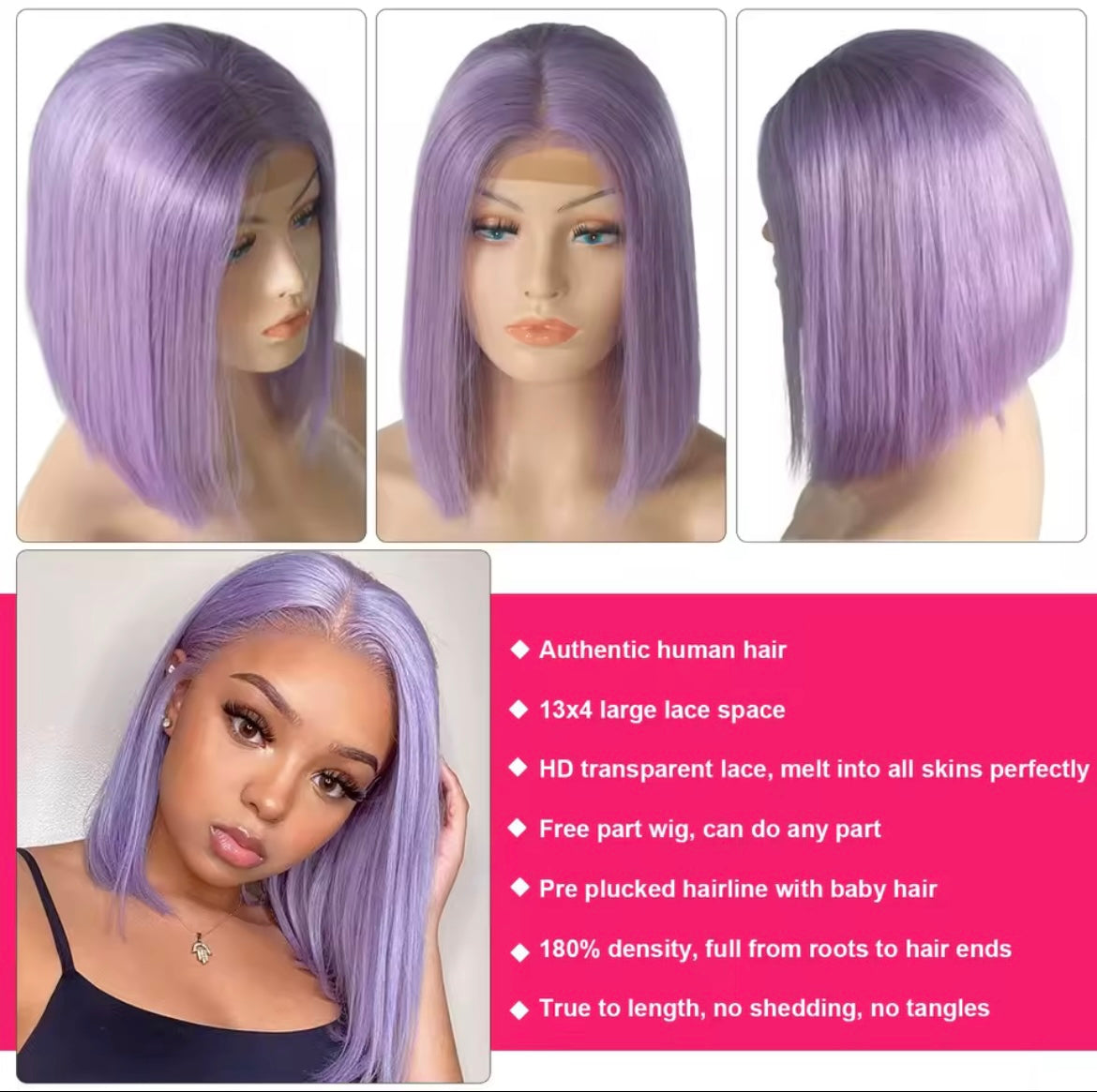 Purple Color Bob Wig Human Hair Straight Lace Frontal Wig Lace Front Pre Plucked Short Bob Wigs