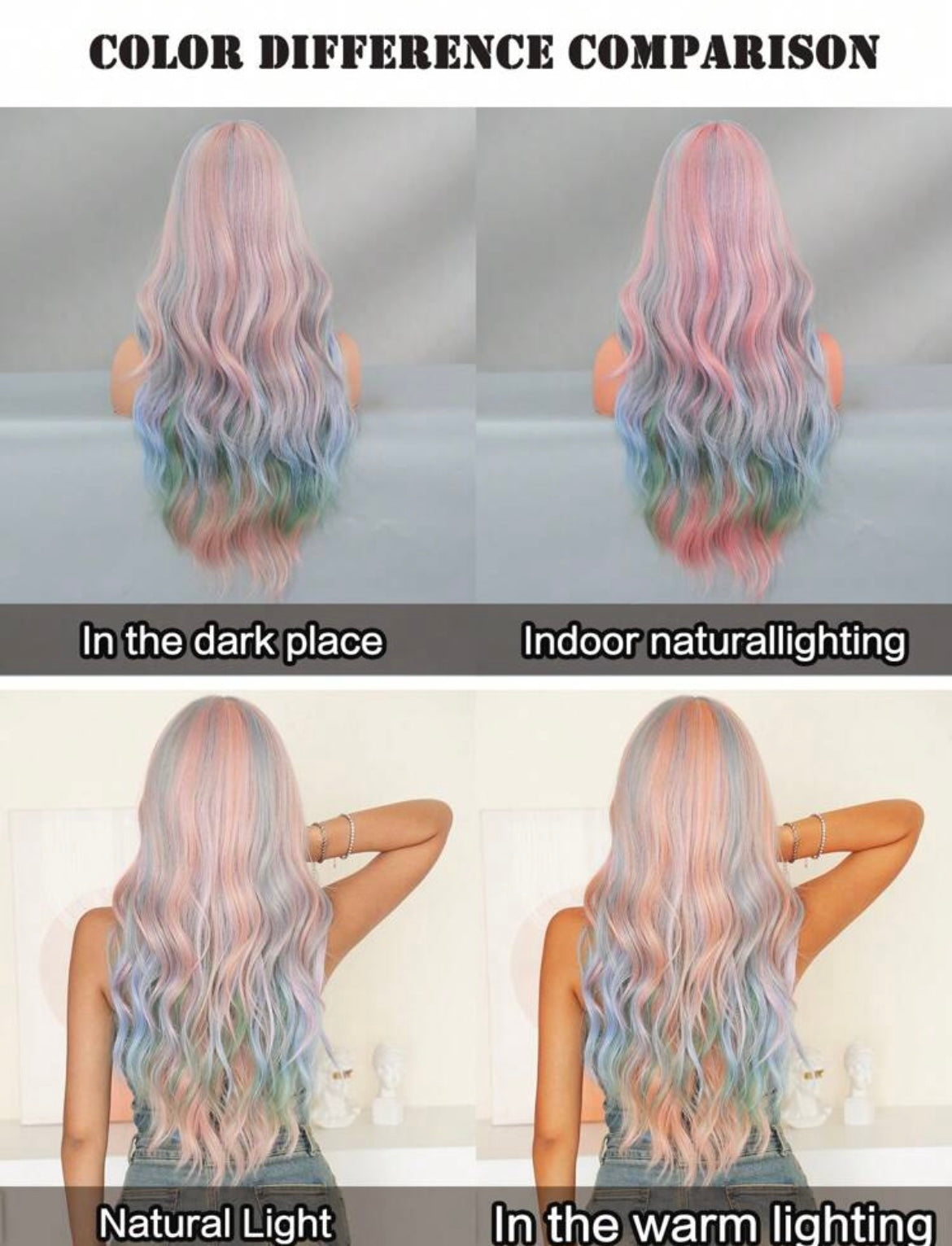 Pink Wig With Bangs Long Loose Wavy Wig Highlight Green Blue Hair Synthetic Hair Colored Wigs For Women Halloween Christmas
