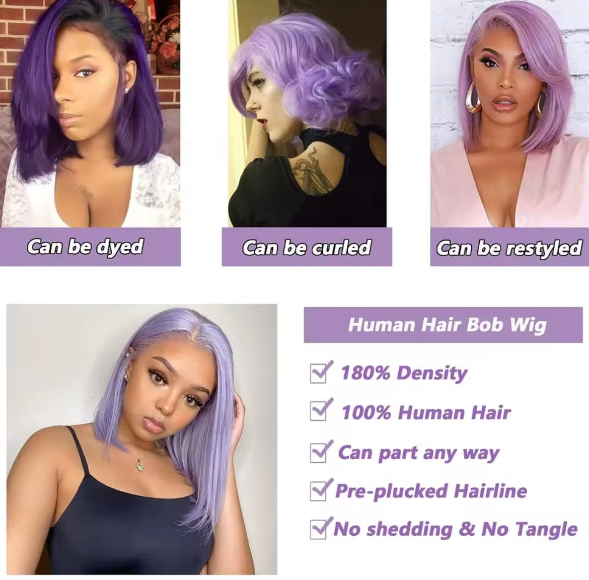 Purple Color Bob Wig Human Hair Straight Lace Frontal Wig Lace Front Pre Plucked Short Bob Wigs