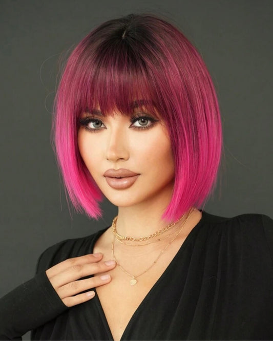 Ombre Rose Red Wig Short Straight Bob Wigs With Bangs Dark Root Synthetic Hair Wigs Colored Wig - Labelle Boutique Hair
