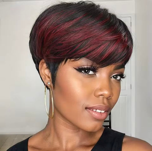 Short Pixie Cut Wigs for Black Women ShortWigs with Bangs Black with Brown Layered Wigs Glueless Short Bob Real Hair Wigs