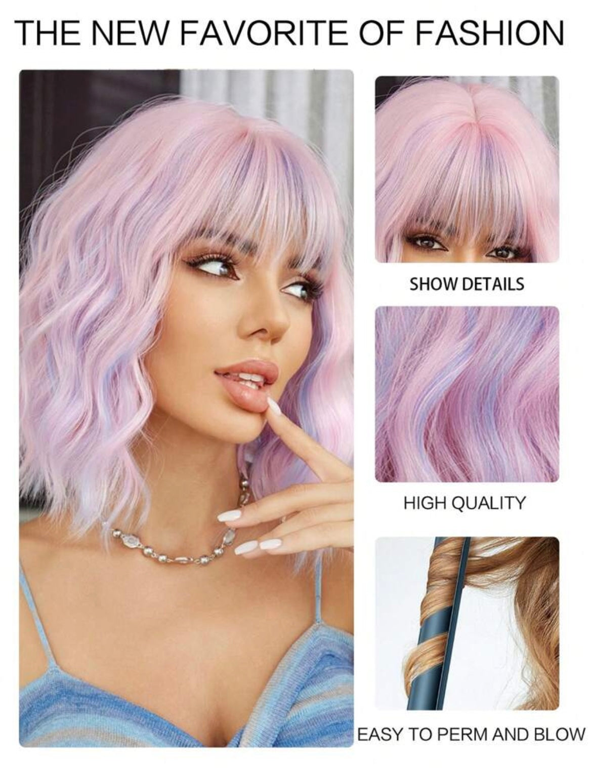 Purple-Pink Inch Bob Wigs For Women Curly Wavy Wigs With Bangs Short Synthetic Wigs For Party Costume Daily Wear Music Festival Colorful Wigs