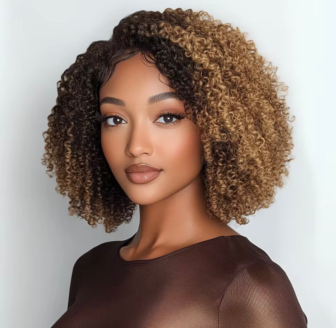 Ombre Brown Curly Wigs Kinky Curl Human Hair Bob Lace frontal Human Hair Wig