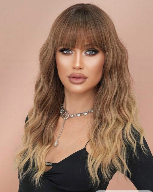 Ombre Brown Wig With Bangs Long Wavy Brown Mixed Blonde Wig With Dark Roots Daily Party Use