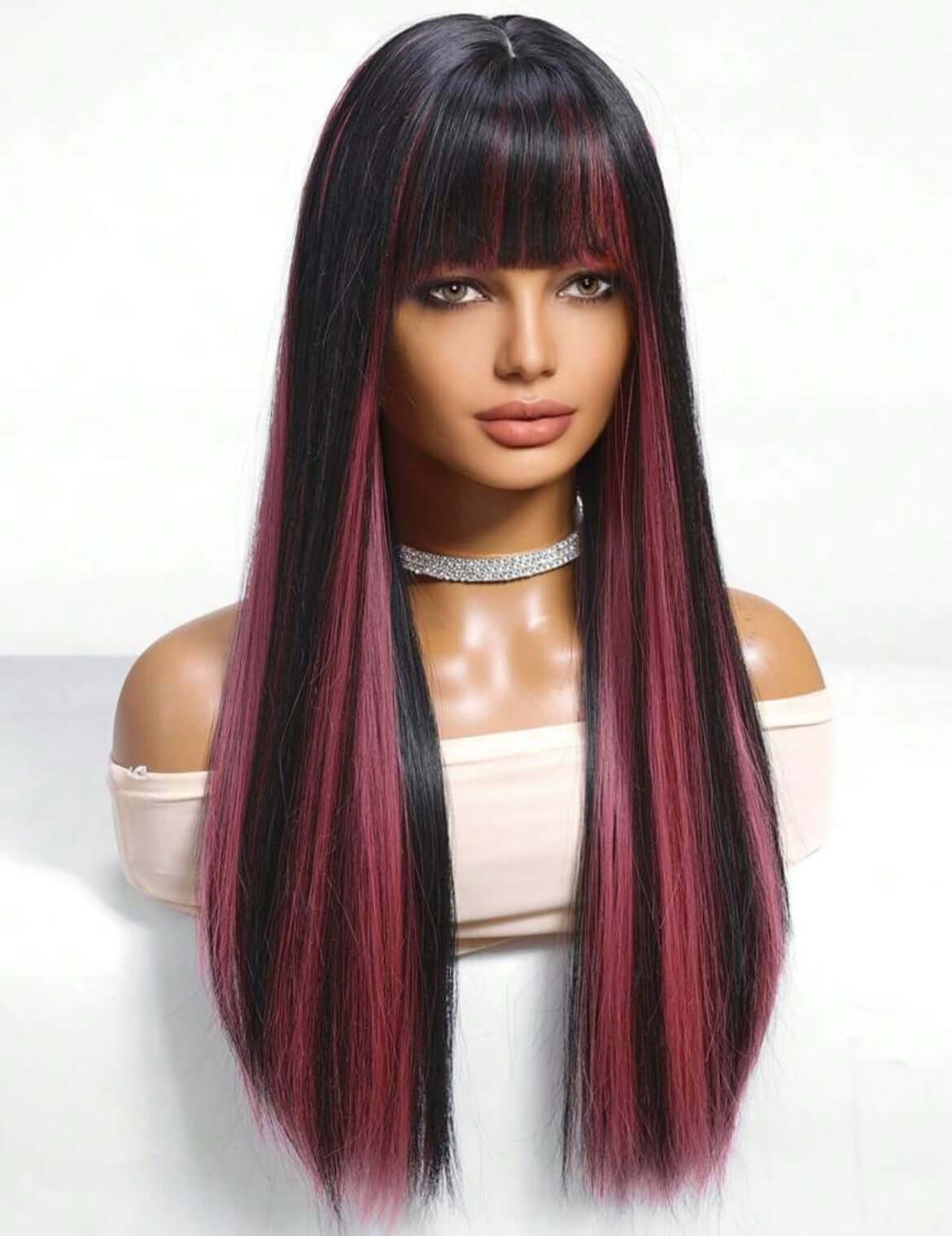 Black And Pink Long Straight Synthetic Wig With Bangs Heat Resistant Fiber Wig