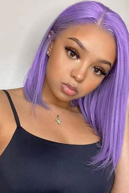 Purple Color Bob Wig Human Hair Straight Lace Frontal Wig Lace Front Pre Plucked Short Bob Wigs