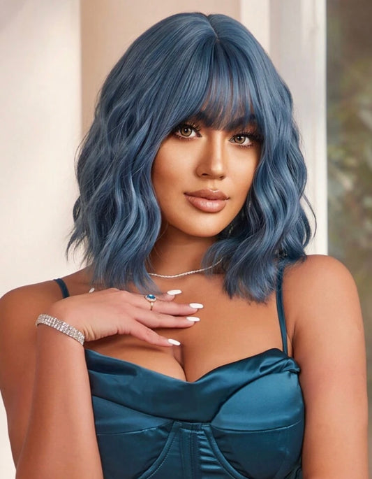 Curly Wavy Wigs With Bangs Blue Highlight Wavy Wigs For Women Synthetic Heat Resistant Party Cosplay Halloween Wigs