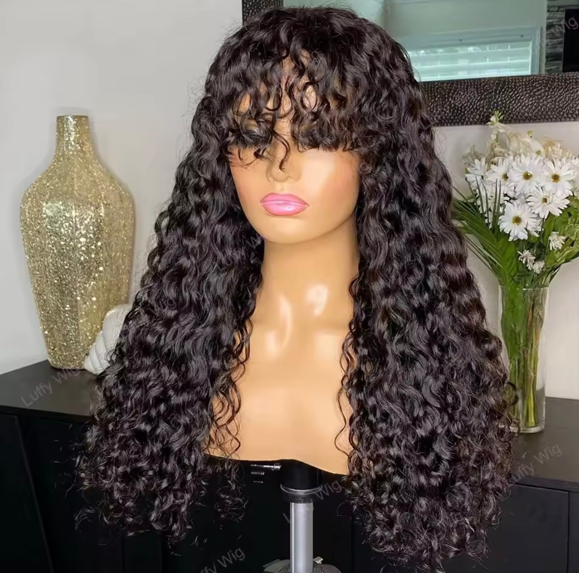 Long Curly Wig with Bangs Human Hair Full Machine Made Wear and Go Glueless Wig Wave Wigs with Bangs