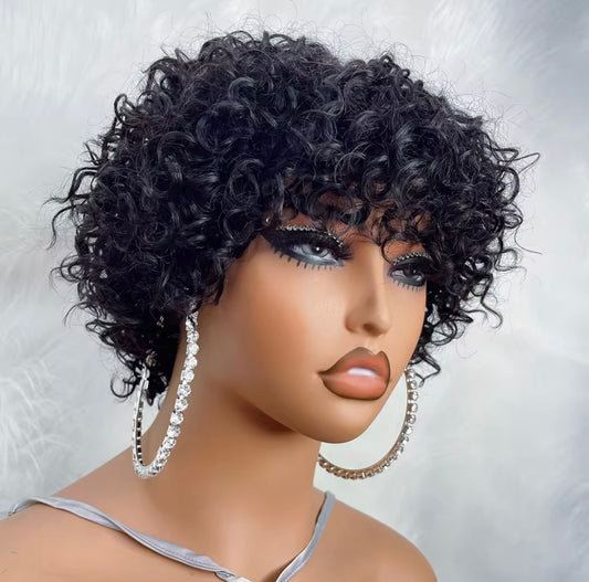 Pixie Cut Human Hair Wigs For Black Women Afro Rose Curly Funmi Glueless Wigs with Bangs Short Bouncy Curly Bob Wig With Bangs