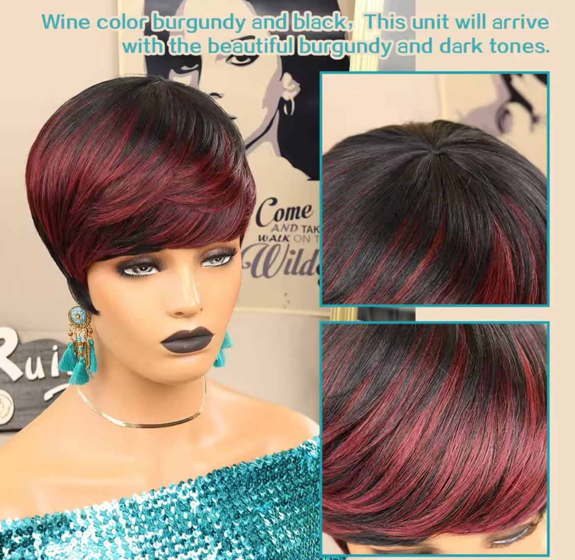 Short Pixie Cut Wigs for Black Women ShortWigs with Bangs Black with Brown Layered Wigs Glueless Short Bob Real Hair Wigs