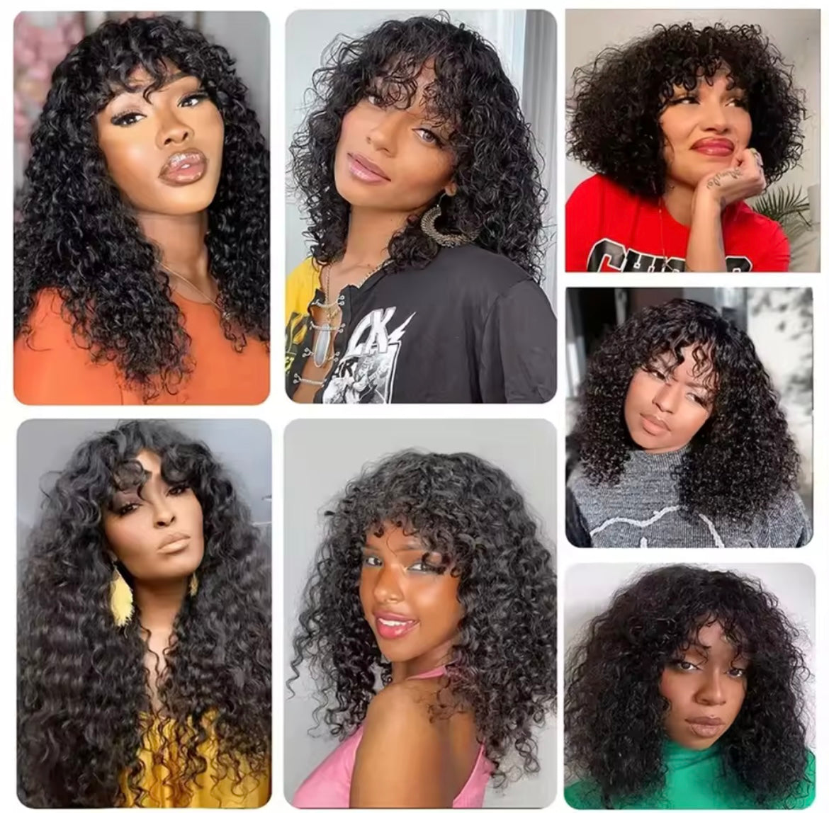 Long Curly Wig with Bangs Human Hair Full Machine Made Wear and Go Glueless Wig Wave Wigs with Bangs