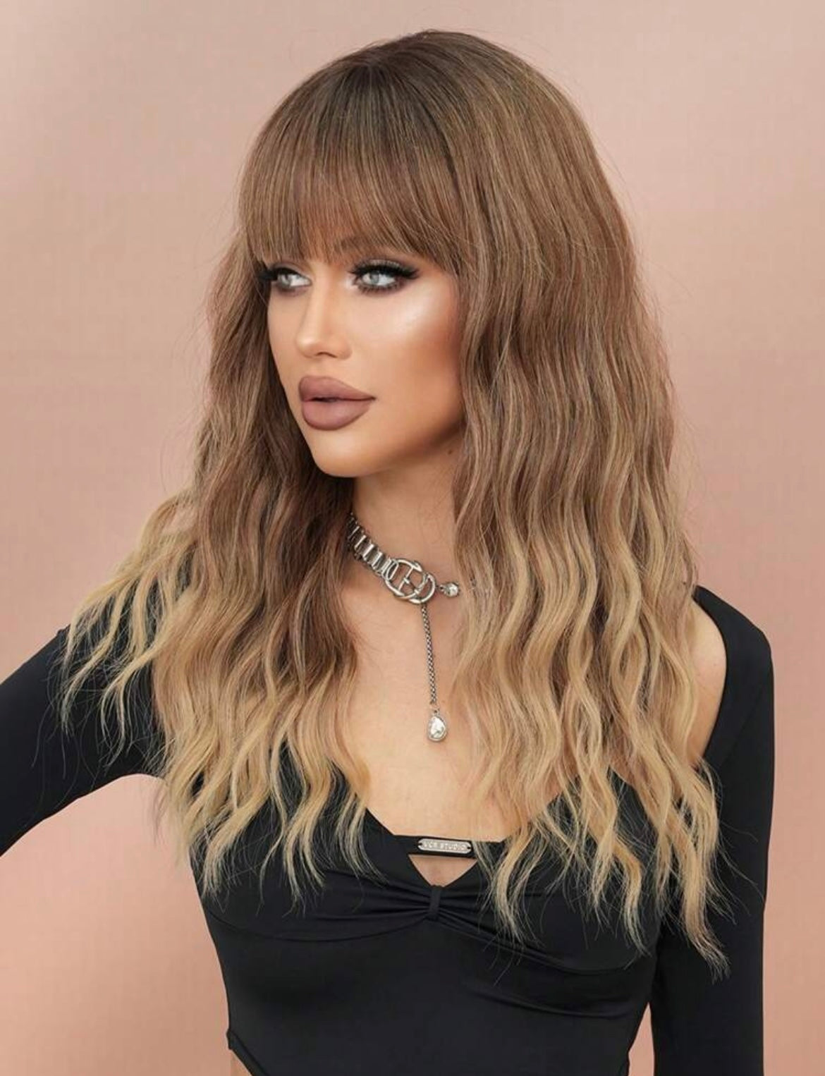 Ombre Brown Wig With Bangs Long Wavy Brown Mixed Blonde Wig With Dark Roots Daily Party Use