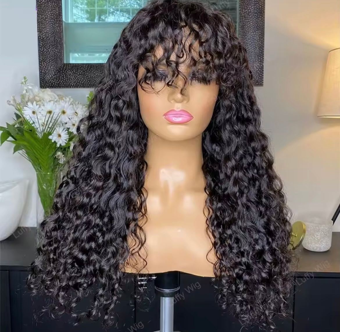Long Curly Wig with Bangs Human Hair Full Machine Made Wear and Go Glueless Wig Wave Wigs with Bangs