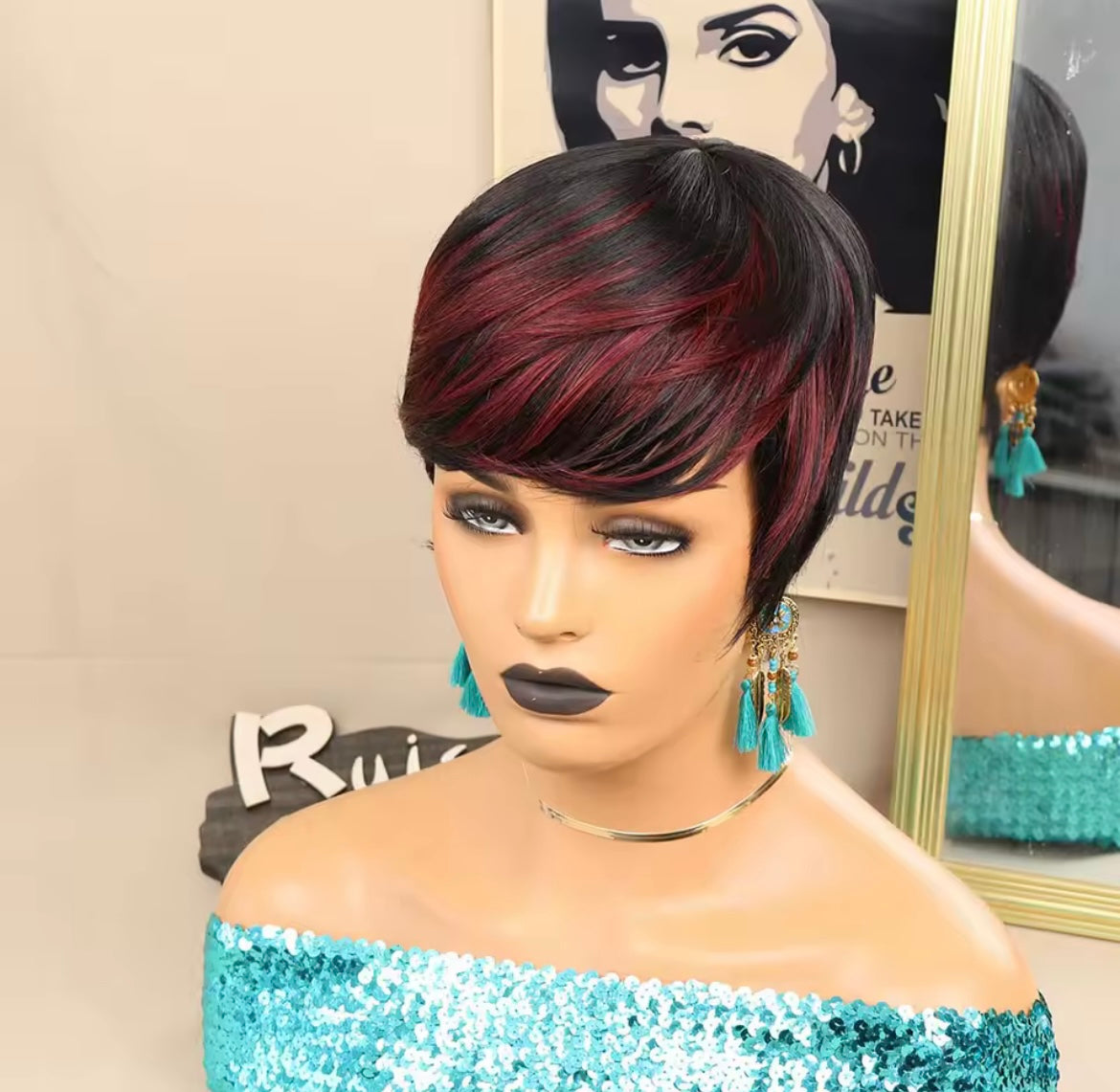 Short Pixie Cut Wigs for Black Women ShortWigs with Bangs Black with Brown Layered Wigs Glueless Short Bob Real Hair Wigs