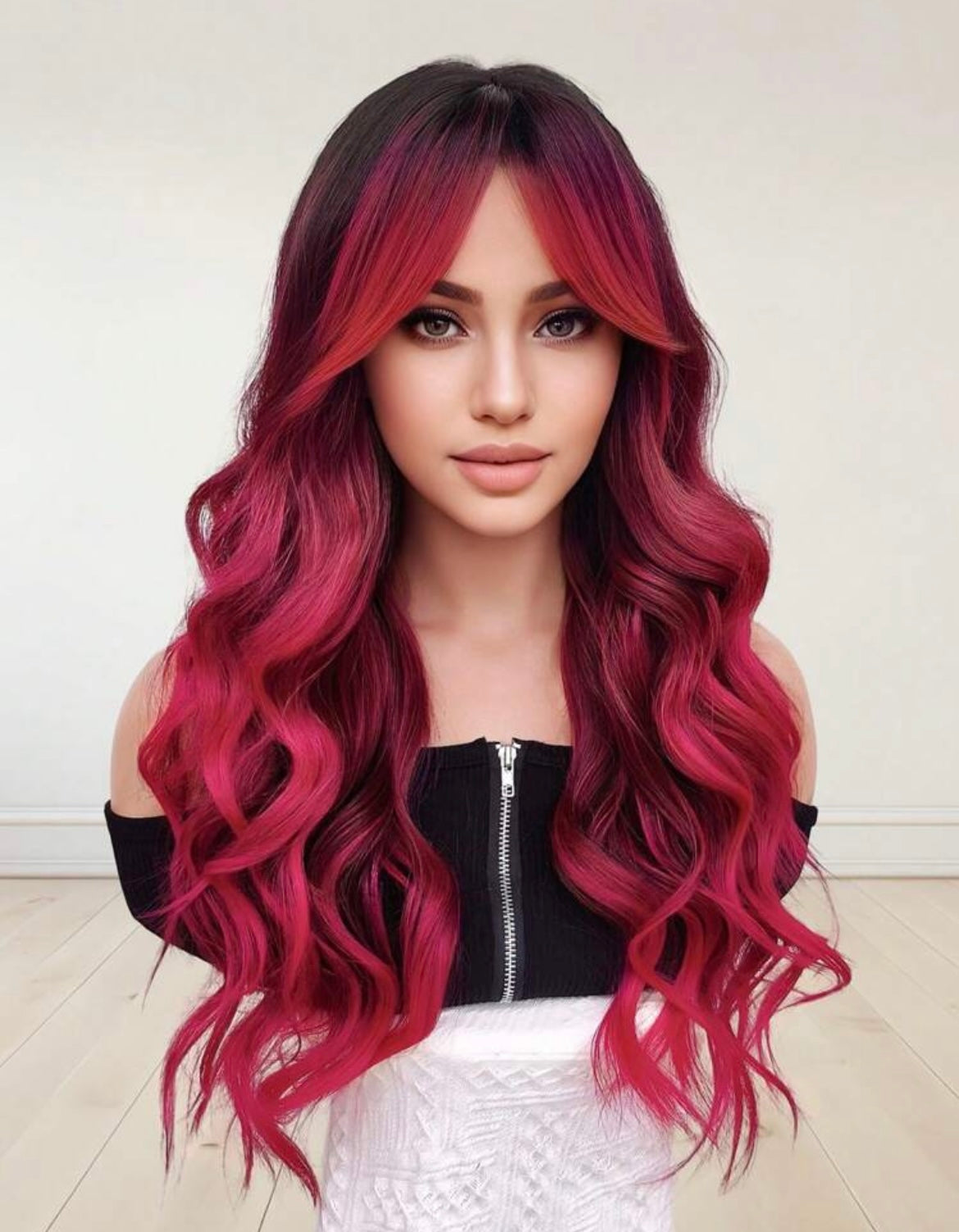 Ombre Wigs Water Wave Wigs With Bangs Rose Red Long Wavy Natural Wave Synthetic Wigs