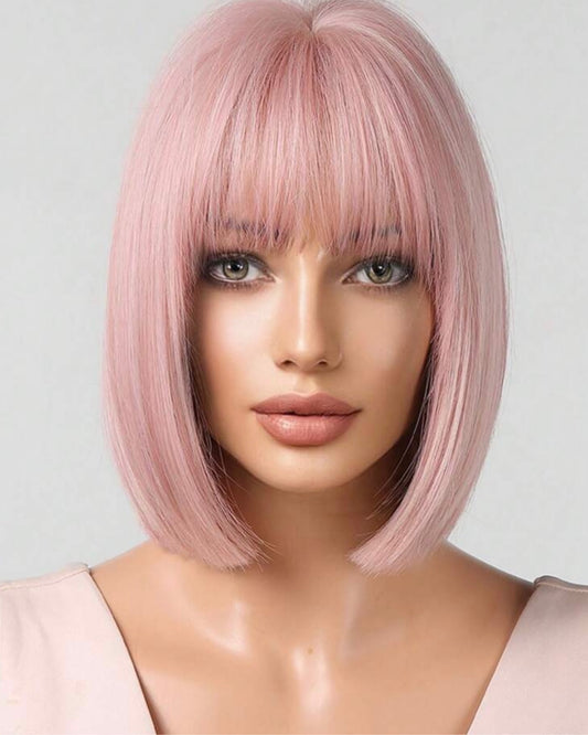 Short Pink Wigs For Women Straight Pink Wigs With Bangs Synthetic Pink Bob Wig Cosplay Colored Wigs Halloween - Labelle Boutique Hair