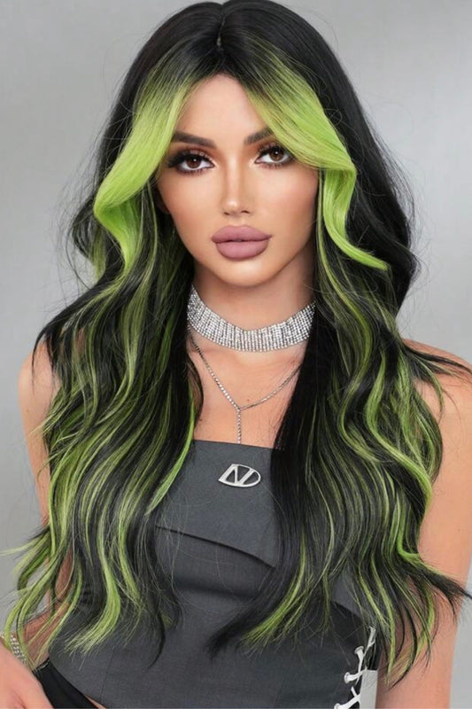 Highlight Green Wig Mixed Long Black Wave Curly Wig With Curtain Bangs Wigs