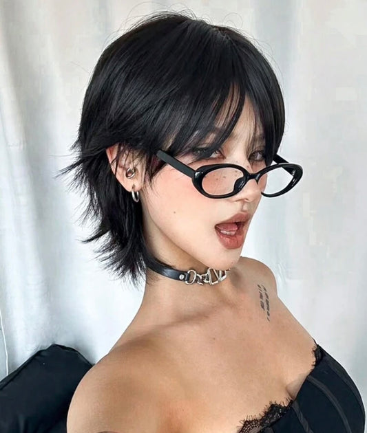 Short Mullet Head Wigs With Bangs Synthetic Straight Hair Wig For Daily Party Cosplay Wigs