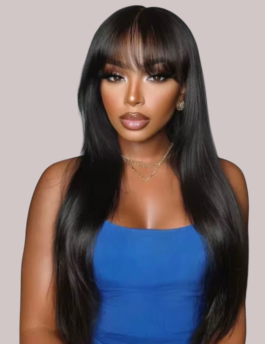 Brazilian Black Straight Human Hair Glueless Wig with Bangs