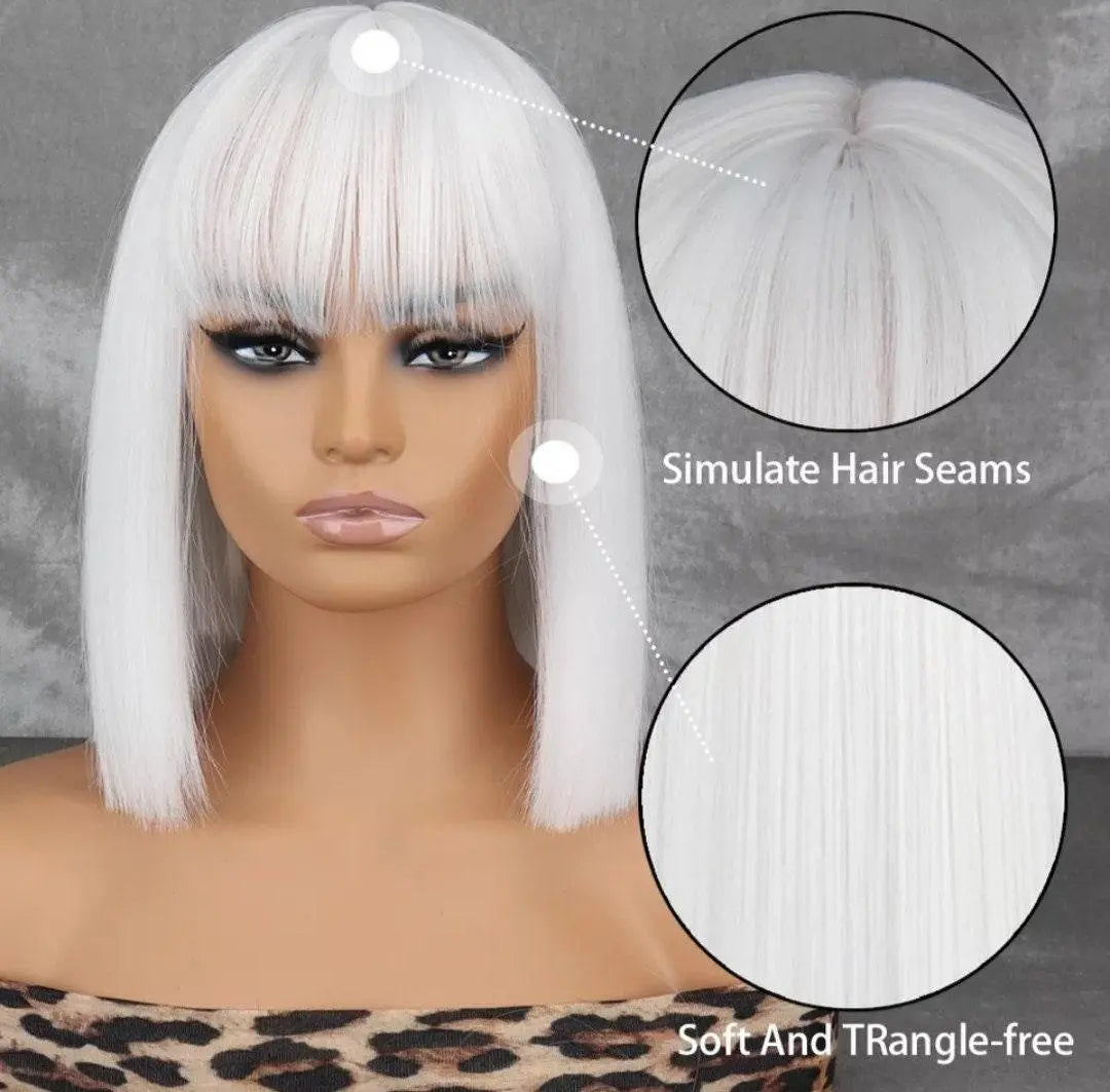 White Short Bob Wig with Bangs Ear-Dyeing Straight Synthetic Wig Short Hair Heat Resistant Wig, Party Cosplay Wig Nature - Labelle Boutique Hair