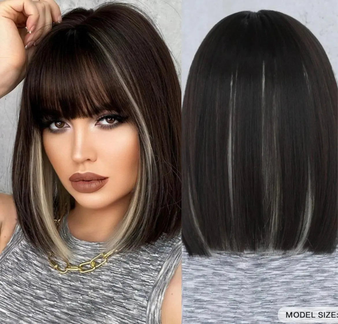 Two Tone Short Straight Synthetic Wig With Bangs - Labelle Boutique Hair
