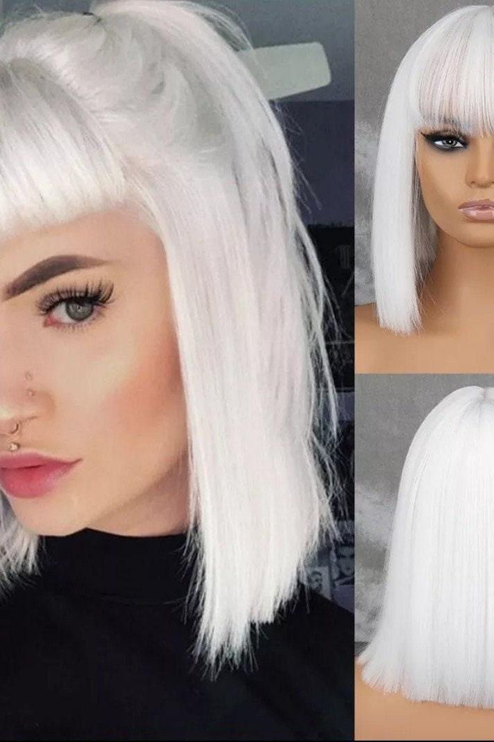 White Short Bob Wig with Bangs Ear-Dyeing Straight Synthetic Wig Short Hair Heat Resistant Wig, Party Cosplay Wig Nature - Labelle Boutique Hair