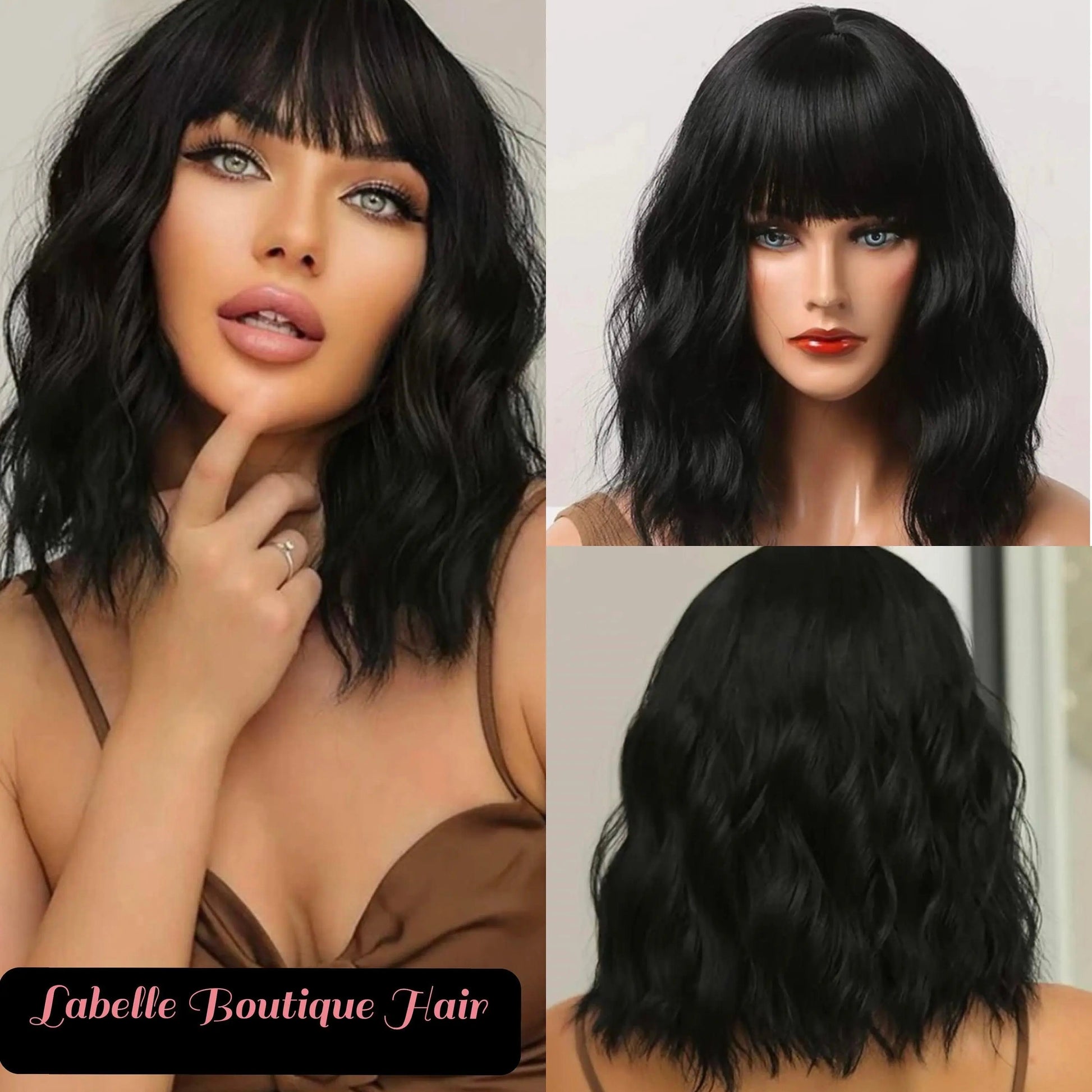 Short Curly Black Wig With Bangs Shot Wave Wig Bob Curly Wig Deep Wave Wig - Labelle Boutique Hair