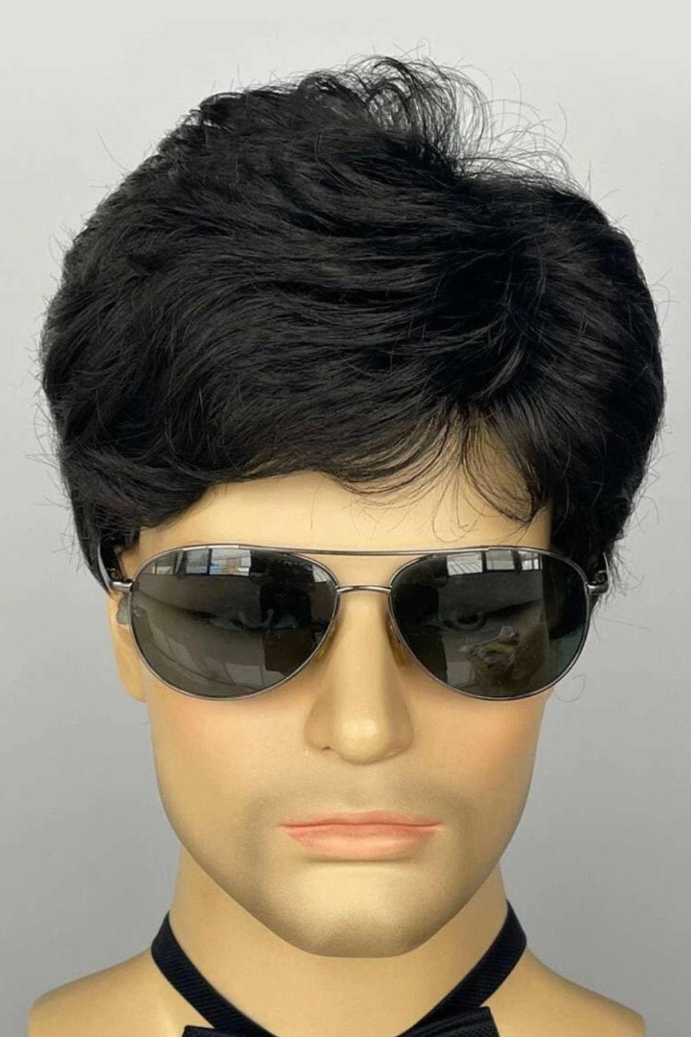 Men Short Curly Synthetic Black Wig With Bangs - Labelle Boutique Hair
