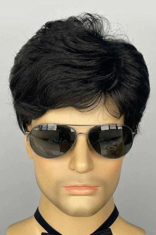 Men Short Curly Synthetic Black Wig With Bangs - Labelle Boutique Hair