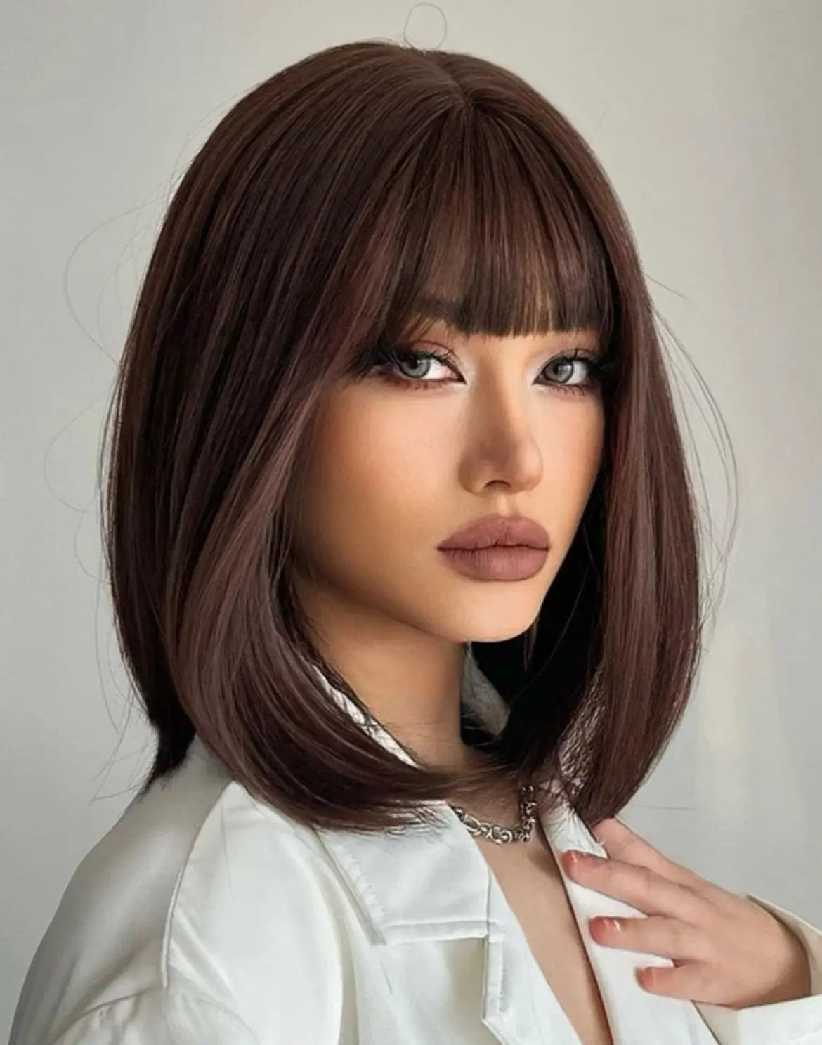 Short Brown Straight Synthetic Wig With Bangs - Labelle Boutique Hair