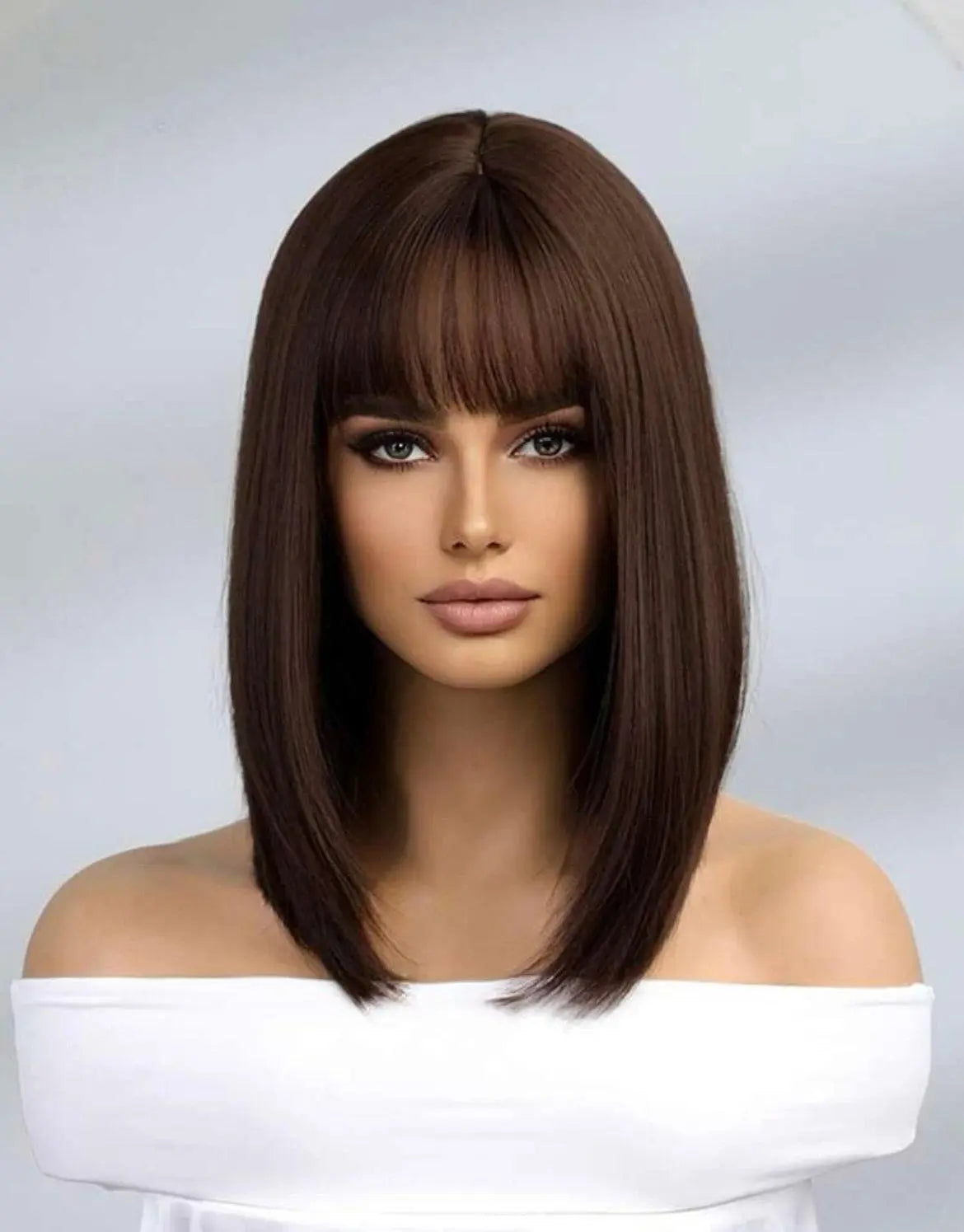 Short Brown Straight Synthetic Wig With Bangs - Labelle Boutique Hair
