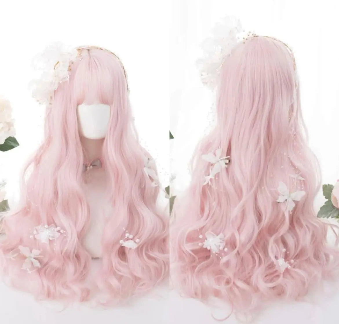 Natural Long Curly Synthetic Baby Pink Wig With Bangs - Labelle Boutique Hair