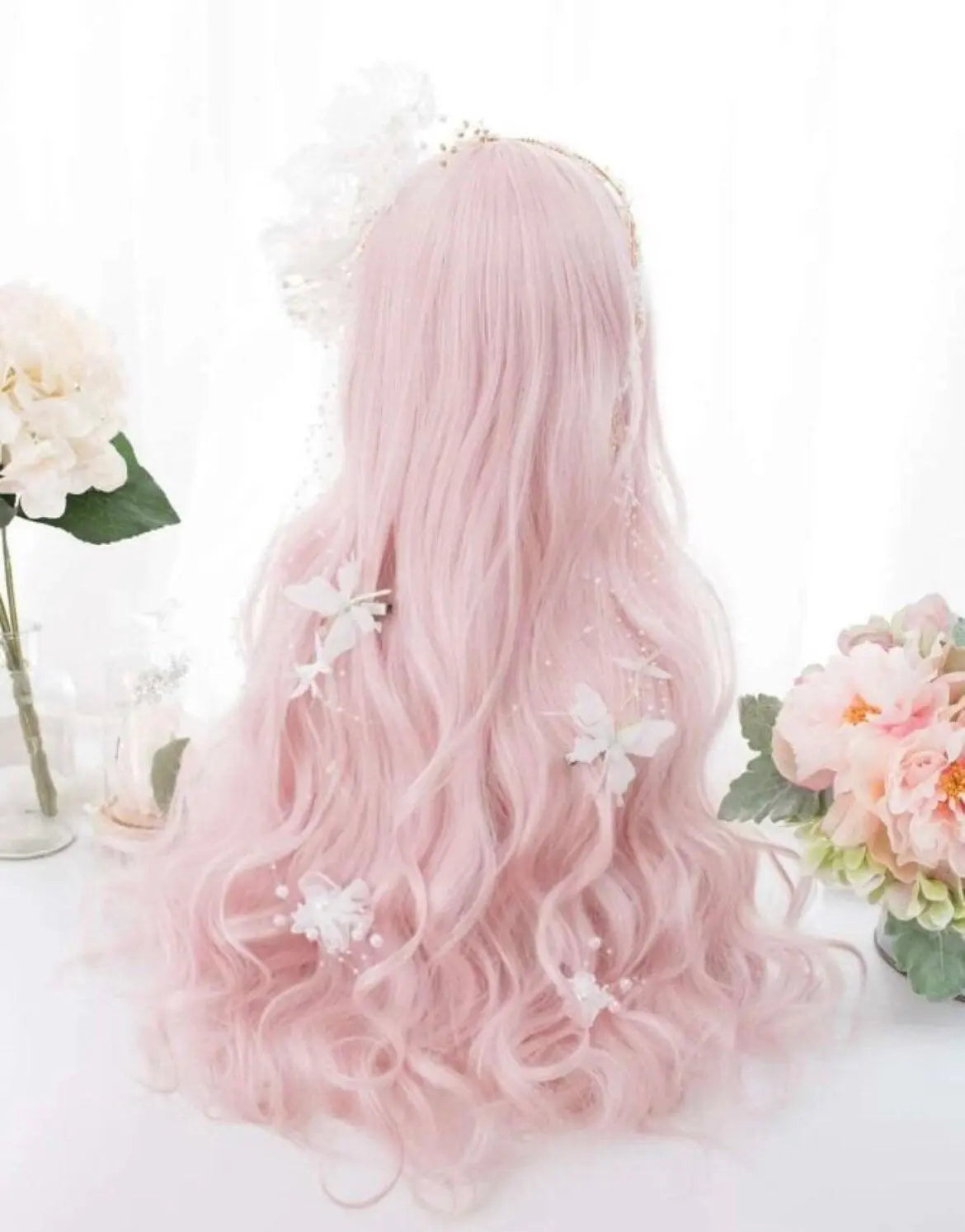 Natural Long Curly Synthetic Baby Pink Wig With Bangs - Labelle Boutique Hair