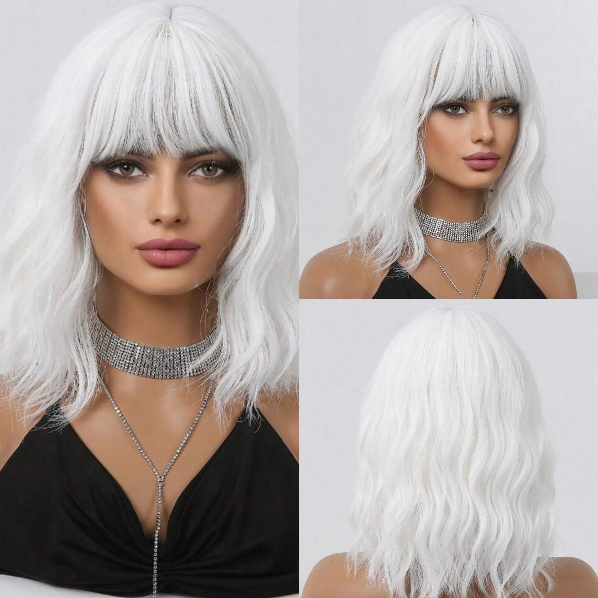 Short White Body Wave Synthetic Wig With Bangs Hair Daily Cosplay Party Wigs - Labelle Boutique Hair