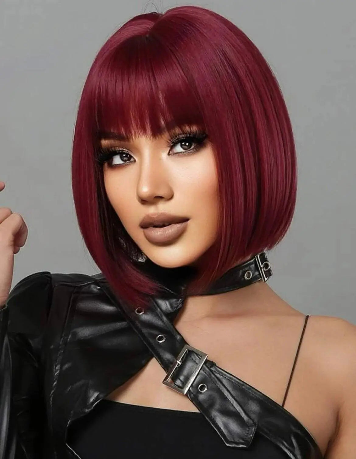 Short Straight Hair Wig for Women Wine Red Claret Synthetic Wig with Bangs Bob Wigs - Labelle Boutique Hair