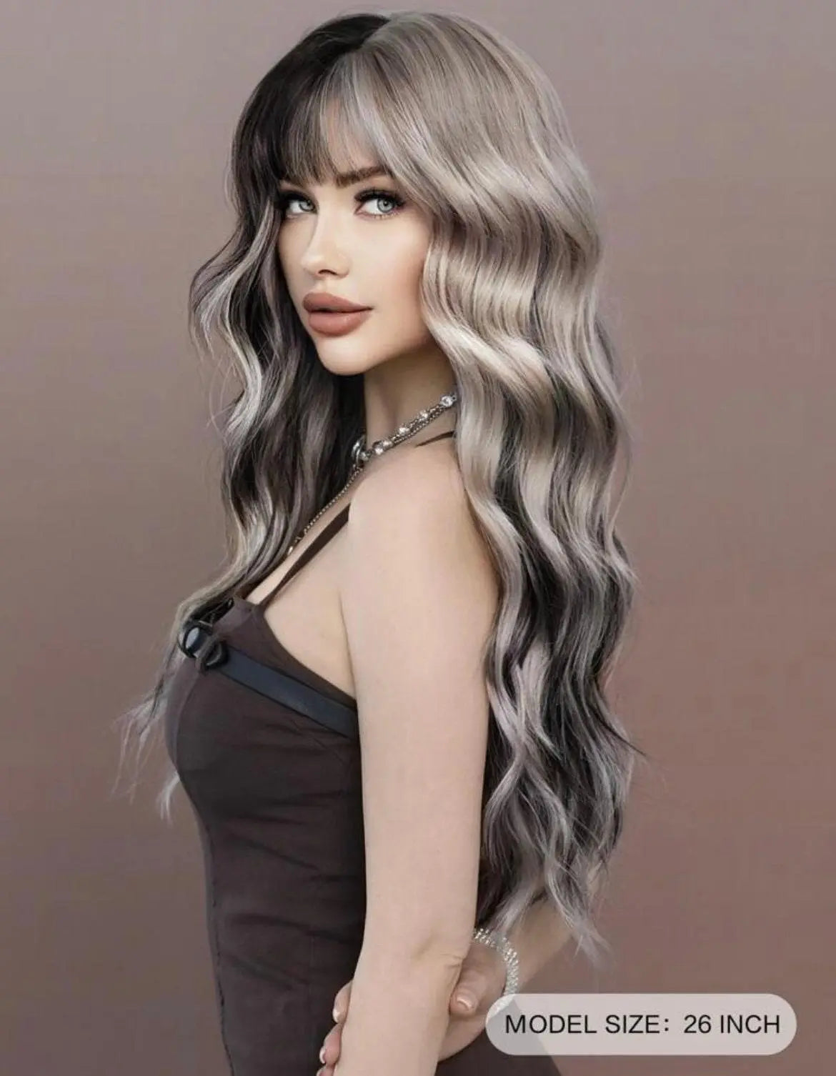 Synthetic Silver Ash Wavy Wig Bangs Natural Soft Body Long Curly Highlight Wigs Party Halloween Cosplay Costume Wig - Labelle Boutique Hair