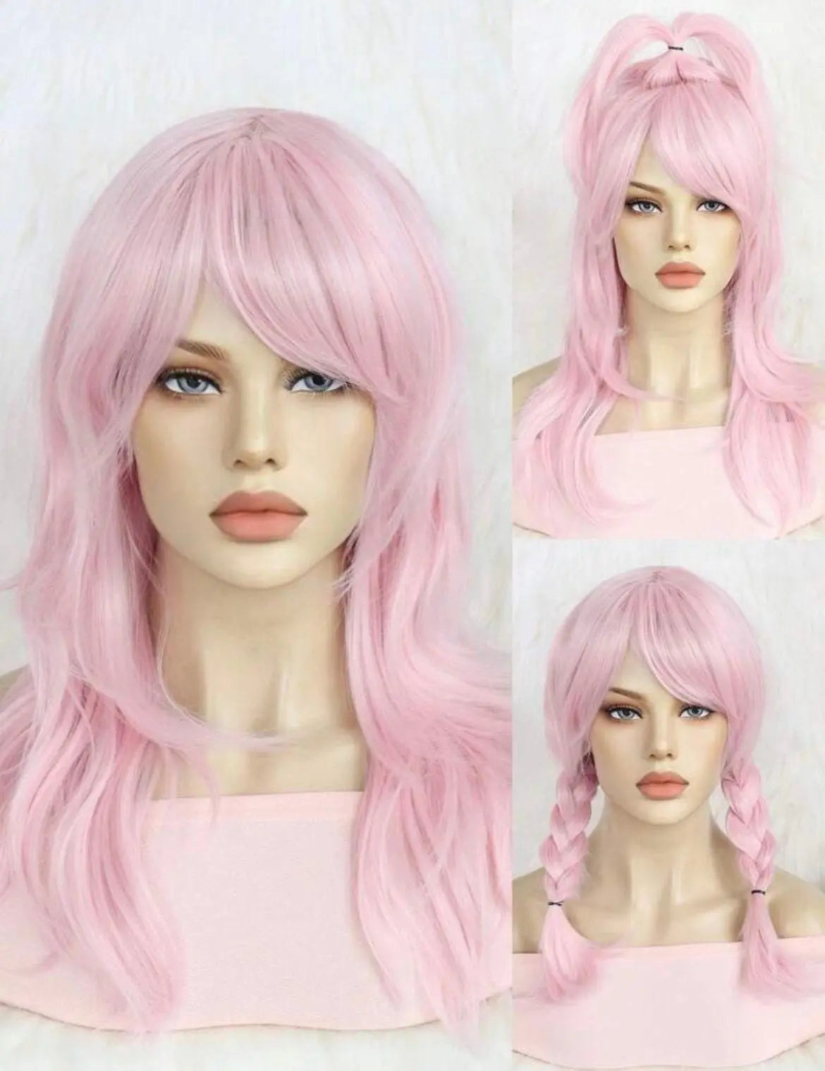 Women's Pink Wig with Bangs Perfect for Daily Party Wear Medium Length Loose Wave Cosplay Wig Synthetic School Halloween Wigs High Density - Labelle Boutique Hair